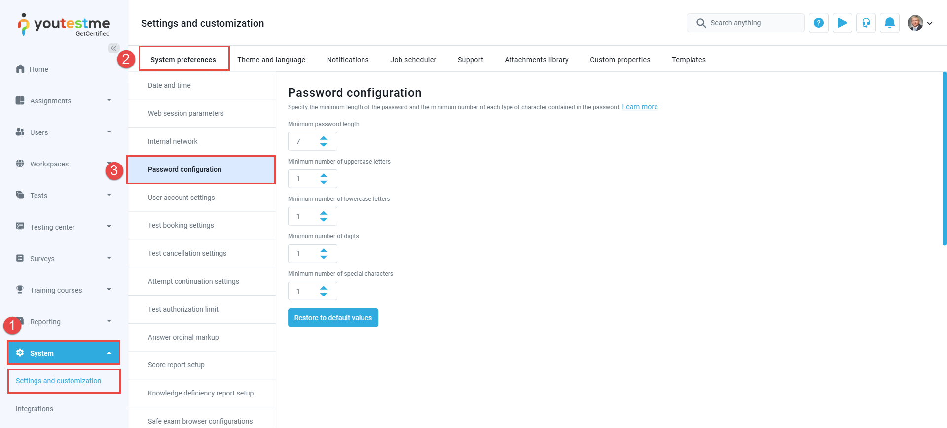 Password Configuration - System preferences