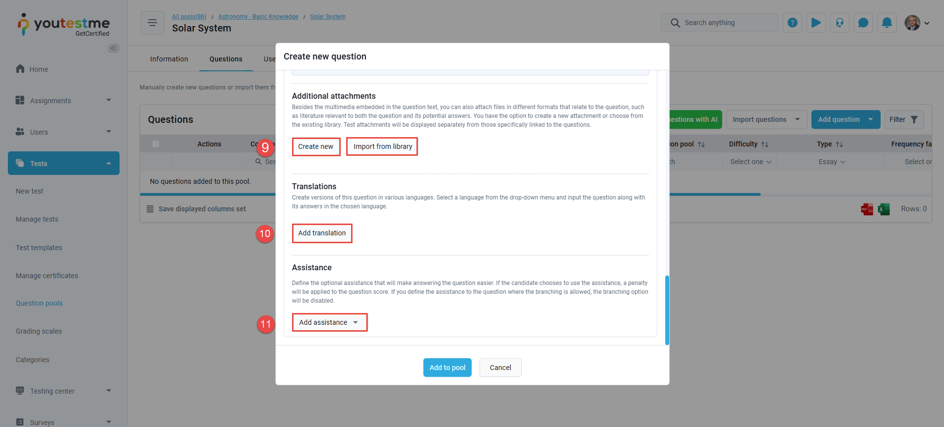 Question's advanced settings Assistance and Translation