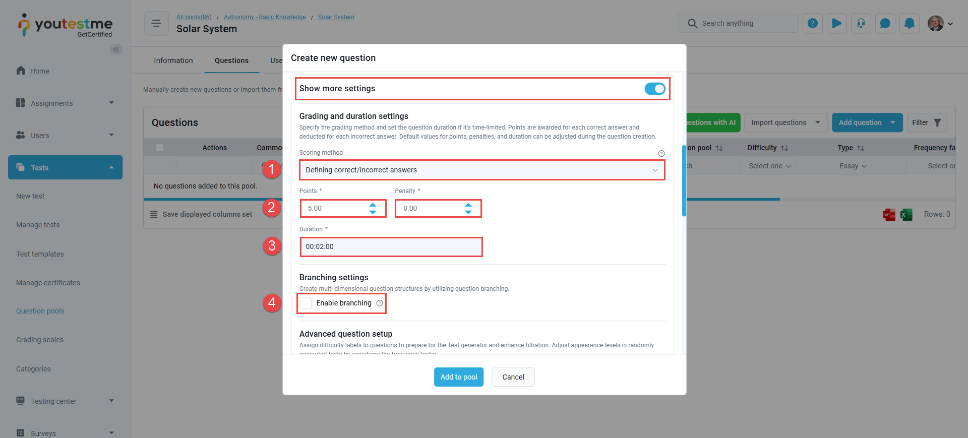 Question's advanced settings scoring methods