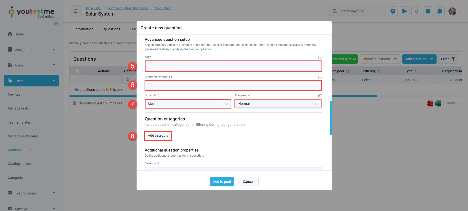 Question's advanced settings tags and categories